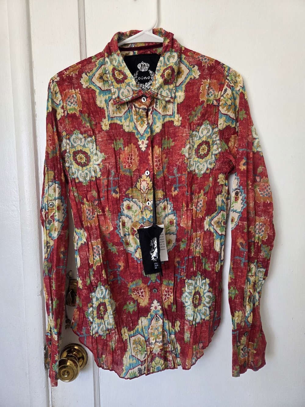 Cino Crinkled Red Geometric Flora Pattern Long-Sleeve Button Down Shirt Medium